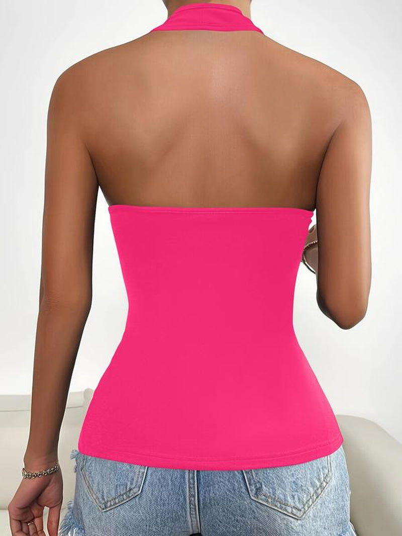 Women'S Solid Zipper Halter Neck Backless Top, Summer Clothes Women, Street Fashion Casual Sleeveless Top for Daily Outdoor Wear, Women Clothing for Summer